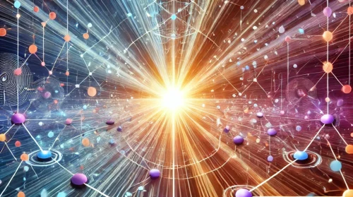 DALL·E 2025-02-14 14.09.07 - An abstract digital illustration representing a knowledge transfer workgroup. The image features interconnected geometric shapes, glowing nodes, and f